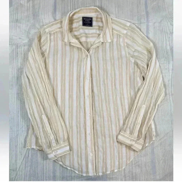 Abercrombie & Fitch Woman’s L Long Sleeve Crinkle Top Yellow White Button shirt - Picture 11 of 14
